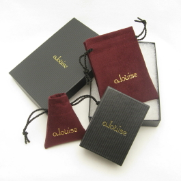 Bordeaux Ultrasuede Soft jewelry pouches with black ribbed  box
